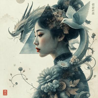 The primary subject of the image is a woman with a bird on her head. She is surrounded by a variety of flowers and plants, creating a vibrant and lush atmosphere. The setting appears to be a garden or a similar natural environment. The visual style of the image is a combination of digital art and illustration, with the woman and the bird being the main focus of the composition. The colors and mood of the image are predominantly warm and inviting, with the woman's red lips adding a touch of vib